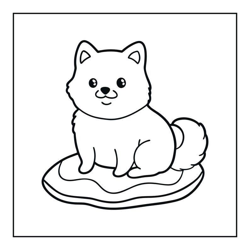 May include: A black and white line art illustration of a small, fluffy dog sitting on a rounded mat. The dog has large, round eyes, a small nose, and a curled tail. The drawing features clean, bold outlines on a plain white background.