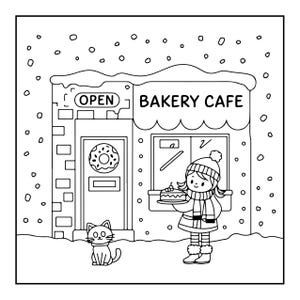 K&ouml;nnte beinhalten: Eine schwarz-wei&szlig;e Malvorlage, die eine B&auml;ckerei-Caf&eacute;-Fassade bei Schneefall zeigt. Eine Person mit Winterm&uuml;tze und Schal h&auml;lt einen Kuchen vor dem Laden, w&auml;hrend eine Katze daneben sitzt. Das Schild tr&auml;gt die Aufschrift OPEN und BAKERY CAFE.