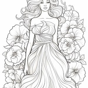 Pu&ograve; includere: Un'illustrazione a linee in bianco e nero di una persona con lunghi capelli fluenti che indossa un abito senza spalline con corpetto drappeggiato e gonna voluminosa, circondata da una fitta disposizione di grandi fiori dettagliati tipo ibisco.
