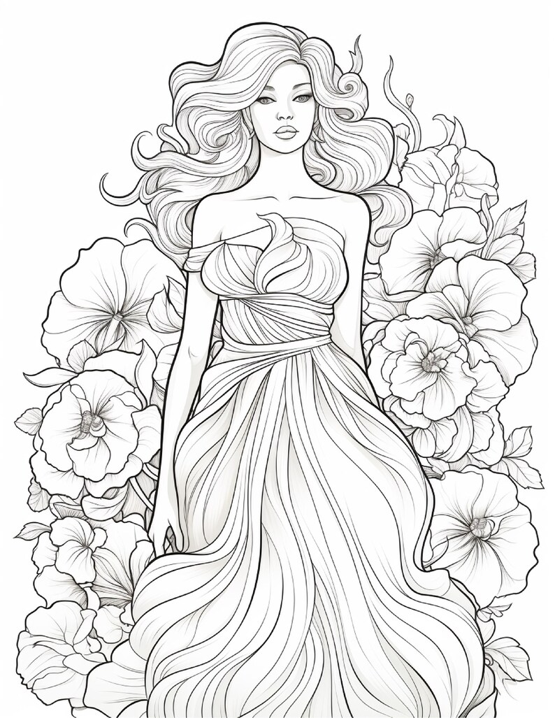 Pu&ograve; includere: Un'illustrazione a linee in bianco e nero di una persona con lunghi capelli fluenti che indossa un abito senza spalline con corpetto drappeggiato e gonna voluminosa, circondata da una fitta disposizione di grandi fiori dettagliati tipo ibisco.