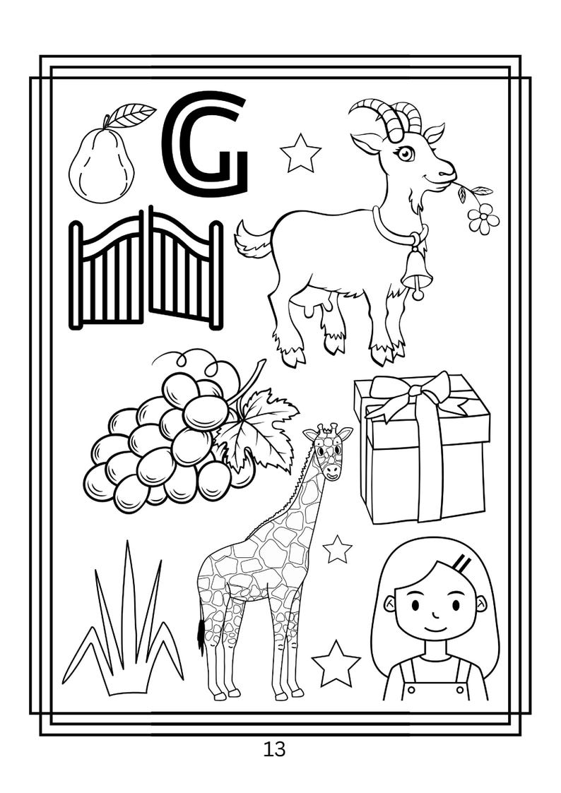 Puede incluir: Una p&aacute;gina para colorear en blanco y negro con la letra G, una pera, una puerta, una cabra con campana, un racimo de uvas, una jirafa, un regalo con lazo, hierba, una persona y tres estrellas. La p&aacute;gina est&aacute; numerada con un 13 abajo.