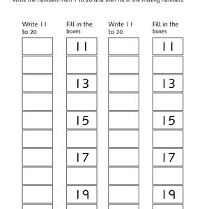 Pu&ograve; includere: Un foglio di esercizi educativo in bianco e nero intitolato Tracing and Writing. Presenta quattro colonne di caselle rettangolari. Due colonne sono etichettate Write 1 to 20 per l'inserimento, e due Fill in the boxes con i numeri 11, 13, 15, 17, 19.