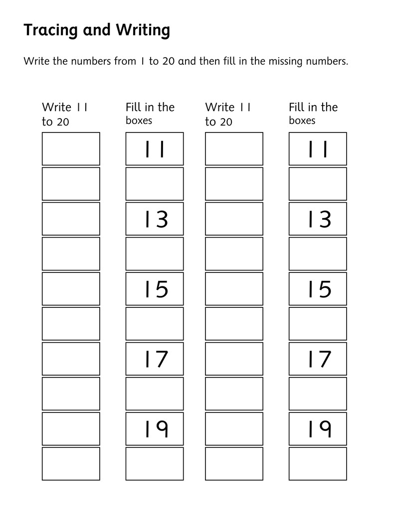 Pu&ograve; includere: Un foglio di esercizi educativo in bianco e nero intitolato Tracing and Writing. Presenta quattro colonne di caselle rettangolari. Due colonne sono etichettate Write 1 to 20 per l'inserimento, e due Fill in the boxes con i numeri 11, 13, 15, 17, 19.