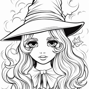 May include: A black and white line art illustration of a person with long wavy hair wearing a pointed hat. The person has large eyes and a collared shirt with a tie. The background features swirling smoke or cloud patterns and a single maple leaf.