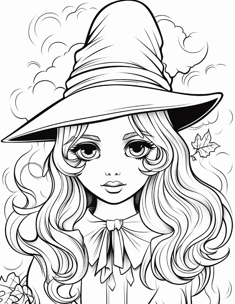 May include: A black and white line art illustration of a person with long wavy hair wearing a pointed hat. The person has large eyes and a collared shirt with a tie. The background features swirling smoke or cloud patterns and a single maple leaf.