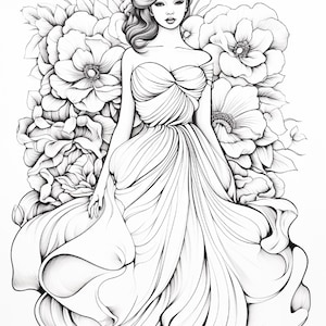 Pu&ograve; includere: Un'illustrazione a linee in bianco e nero che raffigura una persona con capelli ondulati che indossa un abito senza spalline e plissettato. La figura &egrave; posizionata davanti a una fitta disposizione di grandi fiori dettagliati con petali e foglie visibili.