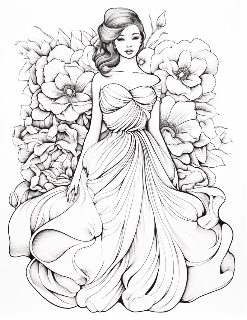 Pu&ograve; includere: Un'illustrazione a linee in bianco e nero che raffigura una persona con capelli ondulati che indossa un abito senza spalline e plissettato. La figura &egrave; posizionata davanti a una fitta disposizione di grandi fiori dettagliati con petali e foglie visibili.