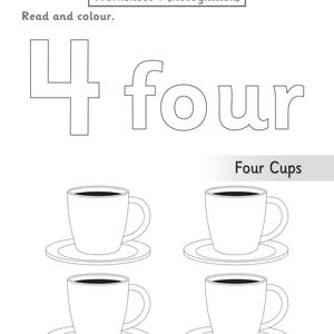 Puede incluir: Una hoja de trabajo educativa en blanco y negro titulada Worksheet 1 (Recognition) que muestra el n&uacute;mero 4 y la palabra four en fuente de contorno. Debajo, cuatro tazas sobre platillos con el texto Four Cups y l&iacute;neas para firmas.