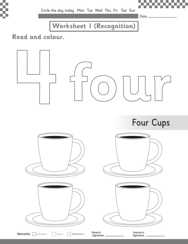 Puede incluir: Una hoja de trabajo educativa en blanco y negro titulada Worksheet 1 (Recognition) que muestra el n&uacute;mero 4 y la palabra four en fuente de contorno. Debajo, cuatro tazas sobre platillos con el texto Four Cups y l&iacute;neas para firmas.