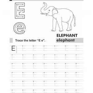 An alphabet worksheet featuring an elephant illustration and rows of dashed uppercase and lowercase letter E.