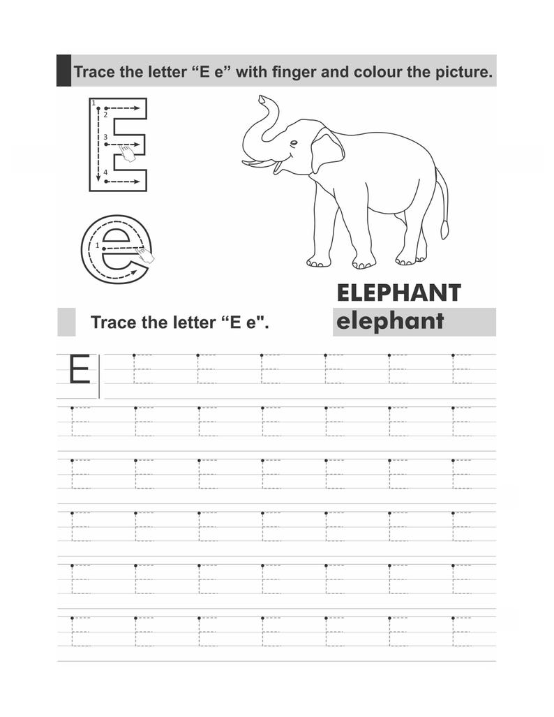 An alphabet worksheet featuring an elephant illustration and rows of dashed uppercase and lowercase letter E.