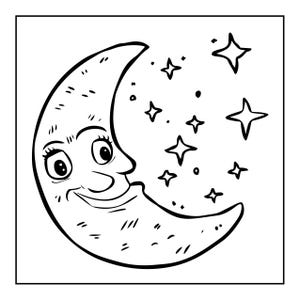 May include: A black and white line art illustration of a crescent moon with a smiling face, featuring large eyes with eyelashes and a curved mouth. The moon is surrounded by several four-pointed stars and small dots, all rendered in a simple style.