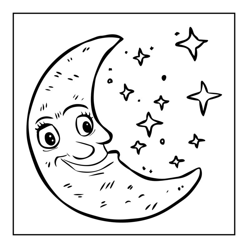 May include: A black and white line art illustration of a crescent moon with a smiling face, featuring large eyes with eyelashes and a curved mouth. The moon is surrounded by several four-pointed stars and small dots, all rendered in a simple style.