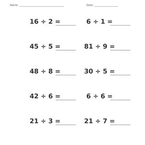 May include: A white educational worksheet titled Division &bull; Single Digit with blank lines for Name and Date. It features ten math problems including 16 &divide; 2, 6 &divide; 1, 45 &divide; 5, 81 &divide; 9, 48 &divide; 8, 30 &divide; 5, 42 &divide; 6, 6 &divide; 6, 21 &divide; 3, and 21 &divide; 7. Page 3 of 100.