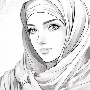K&ouml;nnte beinhalten: Eine schwarz-wei&szlig;e Strichzeichnung einer Person, die ein Hijab tr&auml;gt. Die Figur hat detaillierte Gesichtsz&uuml;ge, einschlie&szlig;lich definierter Augenbrauen und Wimpern sowie eines sanften Ausdrucks. Eine Hand ist am Kinn sichtbar und tr&auml;gt einen Ring.