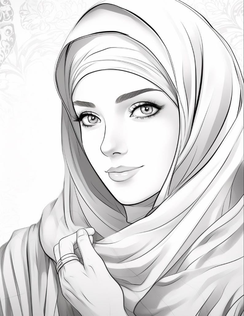 K&ouml;nnte beinhalten: Eine schwarz-wei&szlig;e Strichzeichnung einer Person, die ein Hijab tr&auml;gt. Die Figur hat detaillierte Gesichtsz&uuml;ge, einschlie&szlig;lich definierter Augenbrauen und Wimpern sowie eines sanften Ausdrucks. Eine Hand ist am Kinn sichtbar und tr&auml;gt einen Ring.