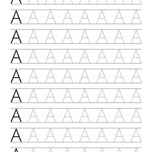 May include: A handwriting practice worksheet featuring nine horizontal rows. Each row begins with a solid black uppercase letter A, followed by seven grey dashed-line uppercase letters A for tracing, all set against a plain white background.