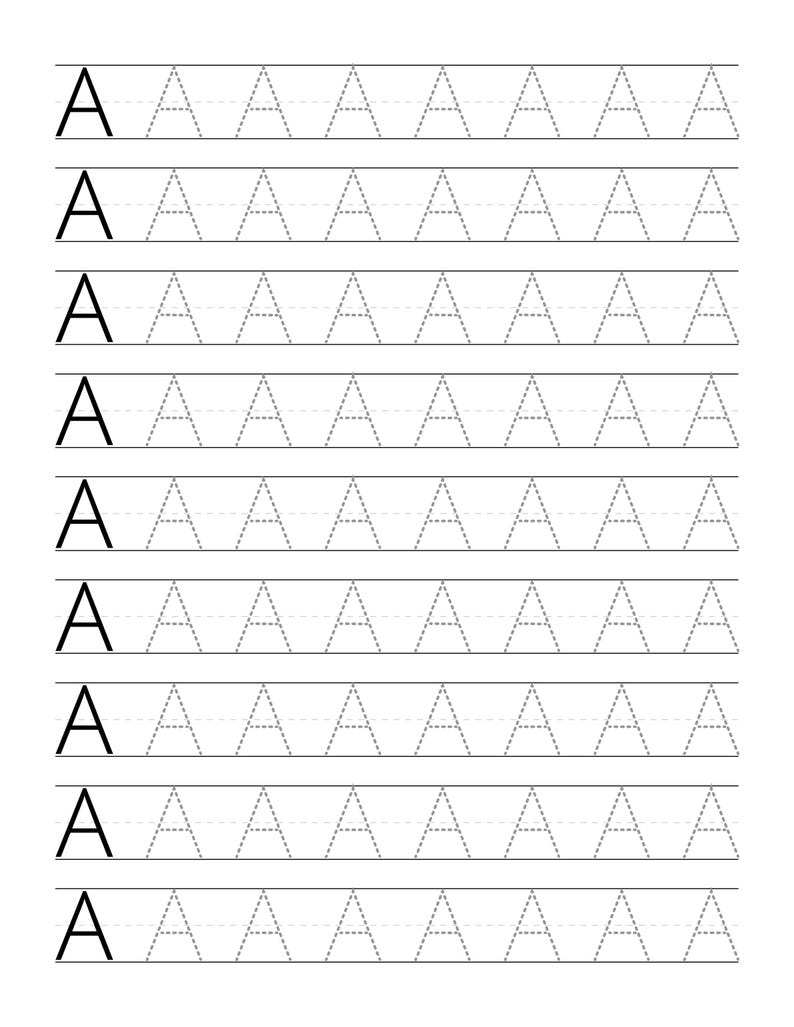 May include: A handwriting practice worksheet featuring nine horizontal rows. Each row begins with a solid black uppercase letter A, followed by seven grey dashed-line uppercase letters A for tracing, all set against a plain white background.