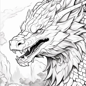 May include: A black and white line art illustration of a dragon head in profile. The dragon features sharp teeth, a textured snout, and layered scales along its neck. The background depicts a landscape with stylized trees and distant mountains.