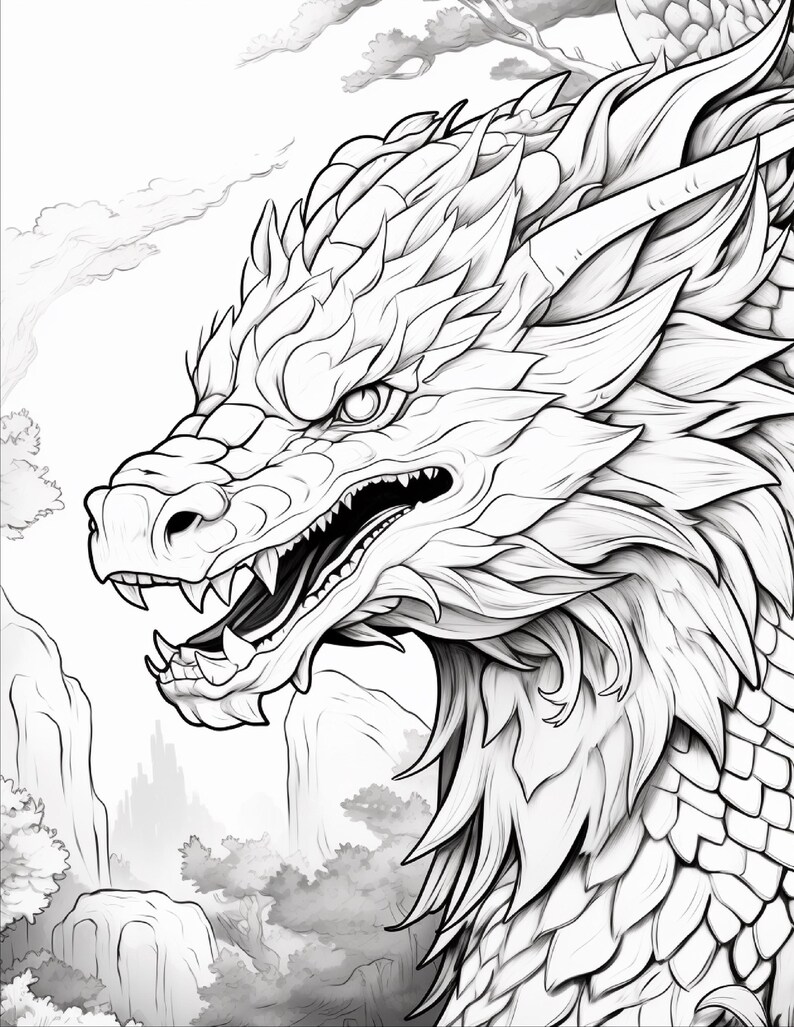 May include: A black and white line art illustration of a dragon head in profile. The dragon features sharp teeth, a textured snout, and layered scales along its neck. The background depicts a landscape with stylized trees and distant mountains.