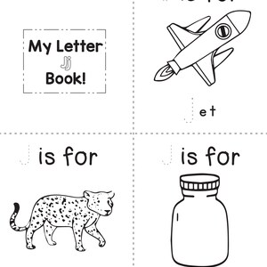 A printable coloring worksheet for the letter J featuring a jet, a jaguar, and a jar with tracing lines.