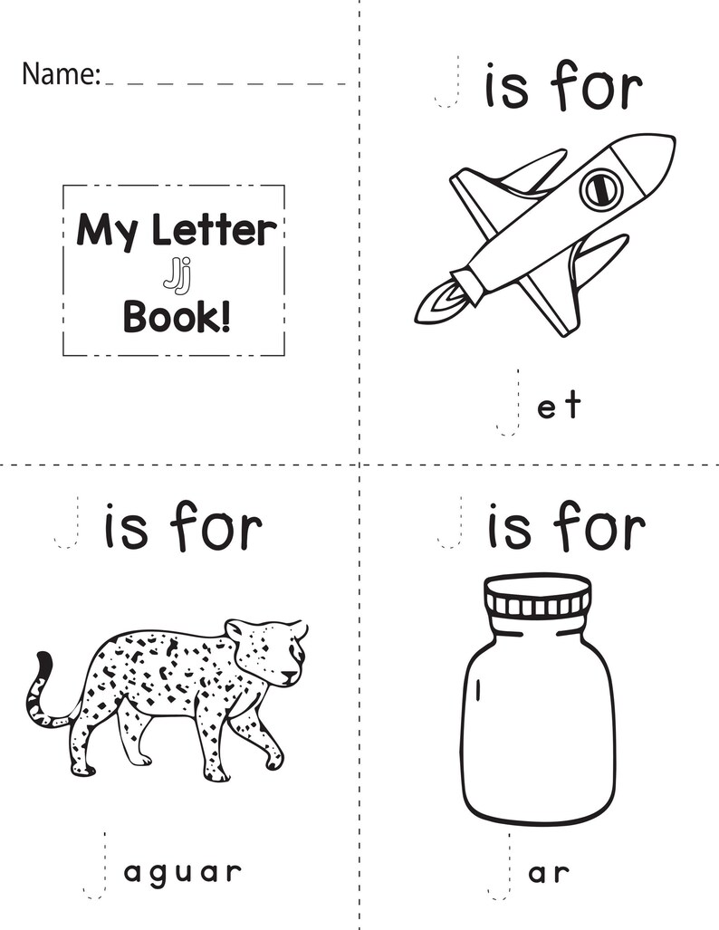 A printable coloring worksheet for the letter J featuring a jet, a jaguar, and a jar with tracing lines.