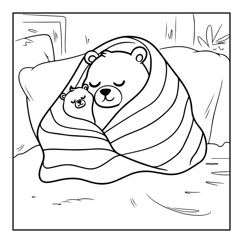 May include: A black and white line art illustration of a large bear and a small bear cub snuggled together under a striped blanket. Both bears have their eyes closed in a peaceful expression, resting against a pillow in a cozy, simple setting.