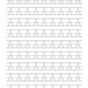Pode incluir: Uma folha de exerc&iacute;cios educativa branca com nove linhas horizontais da letra mai&uacute;scula A. Cada letra &eacute; apresentada em uma fonte preta tracejada, projetada para a pr&aacute;tica de caligrafia, entre duas linhas horizontais pretas.