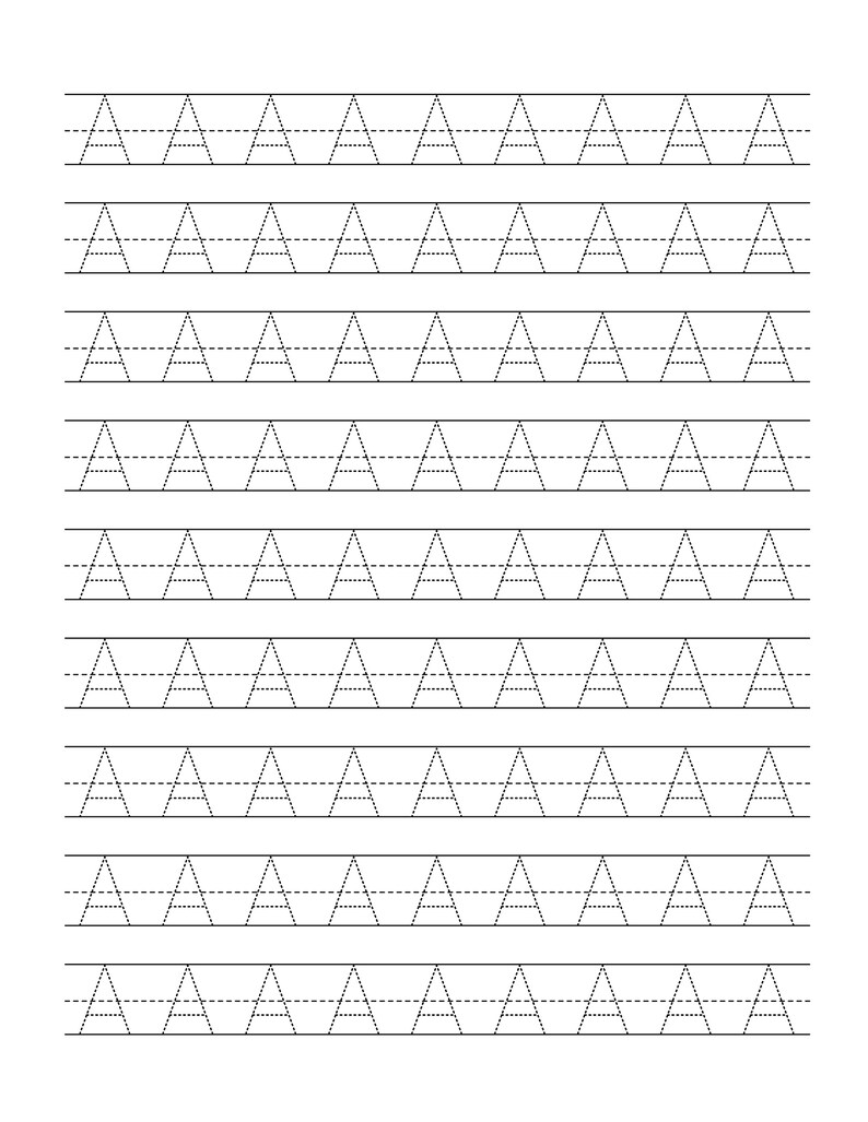 Pode incluir: Uma folha de exerc&iacute;cios educativa branca com nove linhas horizontais da letra mai&uacute;scula A. Cada letra &eacute; apresentada em uma fonte preta tracejada, projetada para a pr&aacute;tica de caligrafia, entre duas linhas horizontais pretas.