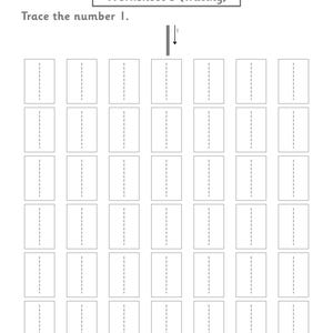 Puede incluir: Una hoja de ejercicios educativa en blanco y negro titulada Worksheet 3 (Tracing) con una gu&iacute;a para trazar el n&uacute;mero 1. La p&aacute;gina incluye un selector de d&iacute;a, una l&iacute;nea de fecha y una cuadr&iacute;cula de cuarenta y dos rect&aacute;ngulos con l&iacute;neas.
