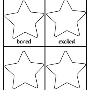 A printable worksheet titled draw a face to match the emotion featuring four blank star outlines labeled bored, excited, angry, and in love.