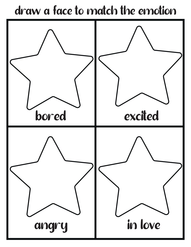 A printable worksheet titled draw a face to match the emotion featuring four blank star outlines labeled bored, excited, angry, and in love.
