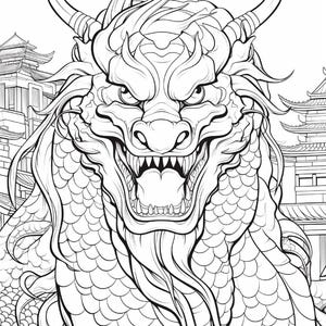 May include: A black and white line art illustration of a dragon with a fierce expression, sharp teeth, and prominent horns. The dragon features detailed scales and flowing whiskers, positioned in front of traditional architectural structures.