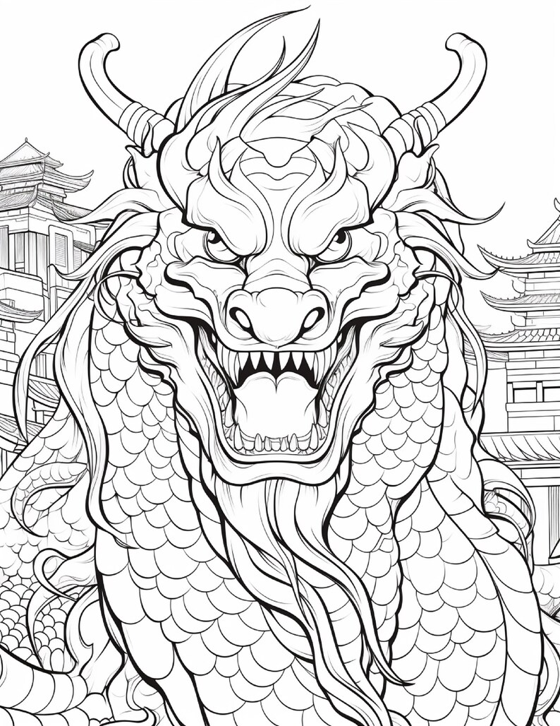 May include: A black and white line art illustration of a dragon with a fierce expression, sharp teeth, and prominent horns. The dragon features detailed scales and flowing whiskers, positioned in front of traditional architectural structures.