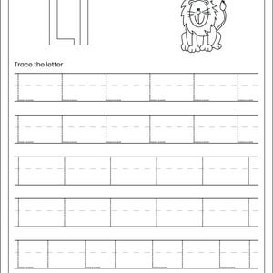 May include: A black and white educational worksheet titled Letter Tracing with a line for a name. It features the uppercase and lowercase letter L, a line drawing of a lion, and six rows of dotted lines for practicing the letter L.