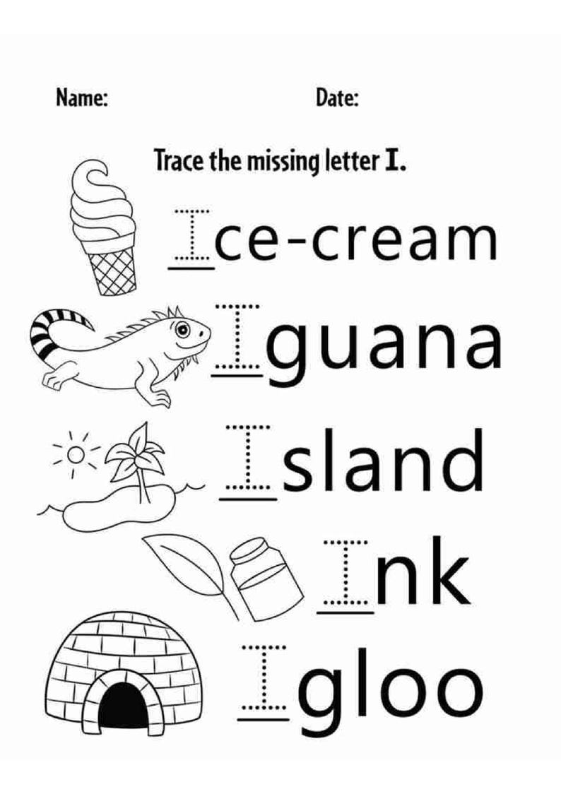 Op de afbeelding: Een zwart-wit educatief werkblad getiteld Trace the missing letter I. Het bevat illustraties van een ijsje, een leguaan, een eiland met een palmboom, een inktpot met een veer en een iglo, elk gekoppeld aan het bijbehorende woord.