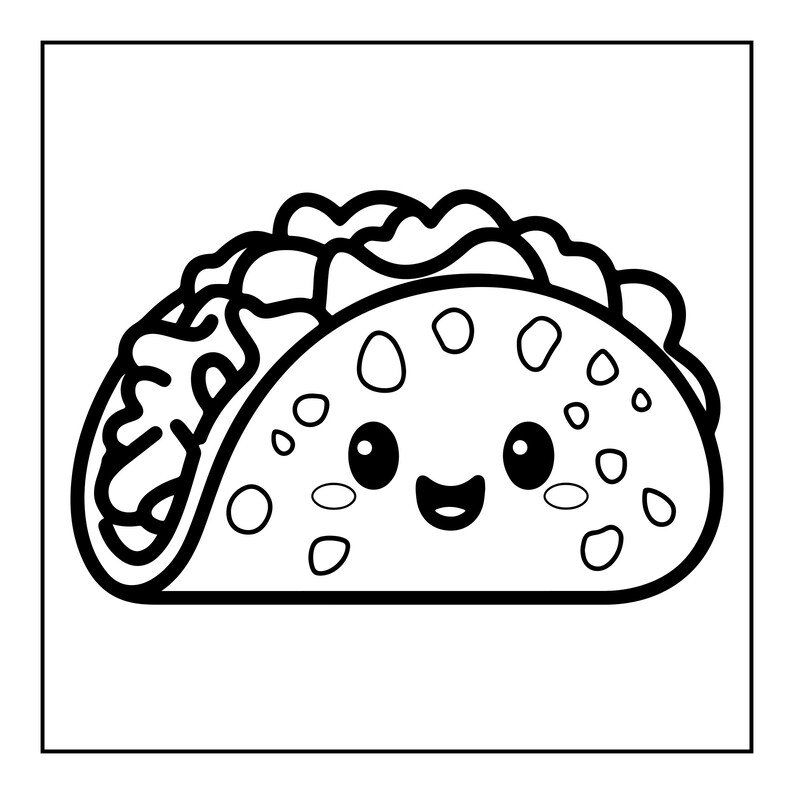 Pu&ograve; includere: Un'illustrazione in bianco e nero a tratto di un taco con un volto sorridente. Il guscio del taco presenta piccoli motivi circolari e il ripieno &egrave; raffigurato con linee ondulate. Il personaggio ha due grandi occhi rotondi e una piccola bocca.