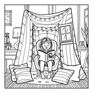 Puede incluir: Una ilustraci&oacute;n de arte lineal en blanco y negro de una persona sentada en un sill&oacute;n dentro de un fuerte de mantas. El fuerte est&aacute; decorado con luces de cadena y una peque&ntilde;a ventana. La persona est&aacute; leyendo un libro.