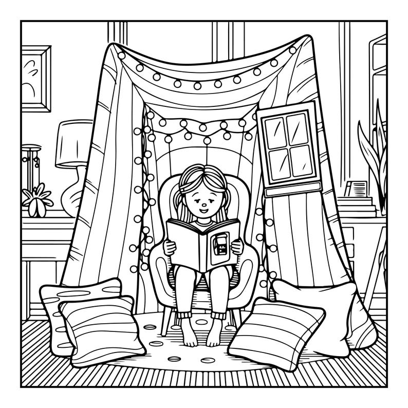 Puede incluir: Una ilustraci&oacute;n de arte lineal en blanco y negro de una persona sentada en un sill&oacute;n dentro de un fuerte de mantas. El fuerte est&aacute; decorado con luces de cadena y una peque&ntilde;a ventana. La persona est&aacute; leyendo un libro.