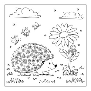 K&ouml;nnte beinhalten: Eine schwarz-wei&szlig;e Malvorlage mit einem l&auml;chelnden Igel, dessen R&uuml;cken mit G&auml;nsebl&uuml;mchen bedeckt ist. Neben dem Igel steht eine gro&szlig;e G&auml;nsebl&uuml;mchenbl&uuml;te mit einer winzigen Fee auf dem St&auml;ngel, dazu Schmetterlinge, Wolken und kleine Sterne.