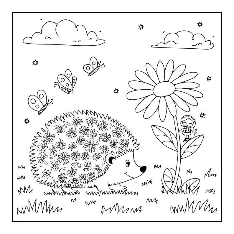 K&ouml;nnte beinhalten: Eine schwarz-wei&szlig;e Malvorlage mit einem l&auml;chelnden Igel, dessen R&uuml;cken mit G&auml;nsebl&uuml;mchen bedeckt ist. Neben dem Igel steht eine gro&szlig;e G&auml;nsebl&uuml;mchenbl&uuml;te mit einer winzigen Fee auf dem St&auml;ngel, dazu Schmetterlinge, Wolken und kleine Sterne.