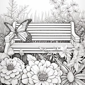 K&ouml;nnte beinhalten: Eine schwarz-wei&szlig;e Strichzeichnung, die eine Parkbank mit Latten zeigt, umgeben von verschiedenen bl&uuml;henden Blumen und Bl&auml;ttern. Ein gro&szlig;er Schmetterling mit detaillierten Fl&uuml;gelmustern ruht auf der linken Seite der R&uuml;ckenlehne.