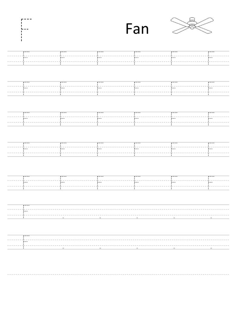 Pode incluir: Uma folha de exerc&iacute;cios educativa branca para praticar a letra F, com um desenho de linha preta de um ventilador de teto, a palavra Fan e v&aacute;rias linhas de letras F tracejadas em papel pautado para pr&aacute;tica de caligrafia e reconhecimento.