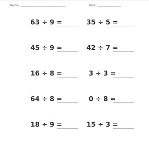 May include: A white educational worksheet titled Division &bull; Single Digit with a gray header. It features ten math problems with single-digit divisors and blank lines for answers, plus fields for Name and Date. The footer reads Division &bull; Single Digit Practice and Page 7 of 100.