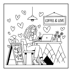 K&ouml;nnte beinhalten: Eine schwarz-wei&szlig;e Strichzeichnung einer Person mit lockigem Haar, die an einem Tisch mit Laptop und Kaffeetasse sitzt. Das Bild zeigt ein h&auml;ngendes Schild mit der Aufschrift COFFEE & LOVE, ein Bodenschild mit COFFEE & LOVE und schwebende Herzen.