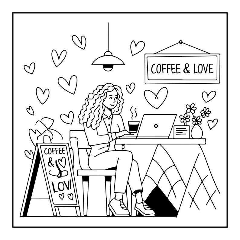 K&ouml;nnte beinhalten: Eine schwarz-wei&szlig;e Strichzeichnung einer Person mit lockigem Haar, die an einem Tisch mit Laptop und Kaffeetasse sitzt. Das Bild zeigt ein h&auml;ngendes Schild mit der Aufschrift COFFEE & LOVE, ein Bodenschild mit COFFEE & LOVE und schwebende Herzen.