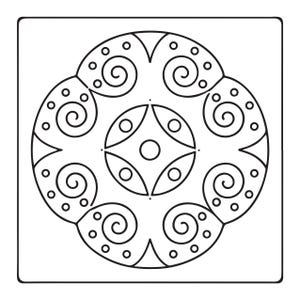 May include: A square black and white line art graphic featuring a central circle surrounded by four almond-shaped petals, each containing a small circle. The outer border consists of four large spirals interspersed with sections of small dots.