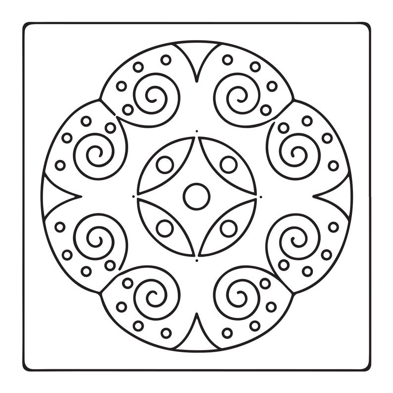 May include: A square black and white line art graphic featuring a central circle surrounded by four almond-shaped petals, each containing a small circle. The outer border consists of four large spirals interspersed with sections of small dots.