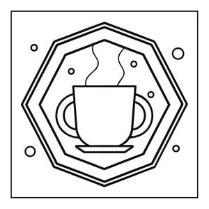 Op de afbeelding: Een zwart-wit lijntekening met een centrale mok met twee oren en opstijgende stoom, omsloten door een achthoekig kader met dubbele lijnen. Kleine cirkels zijn verspreid rondom de mok binnen de geometrische rand.