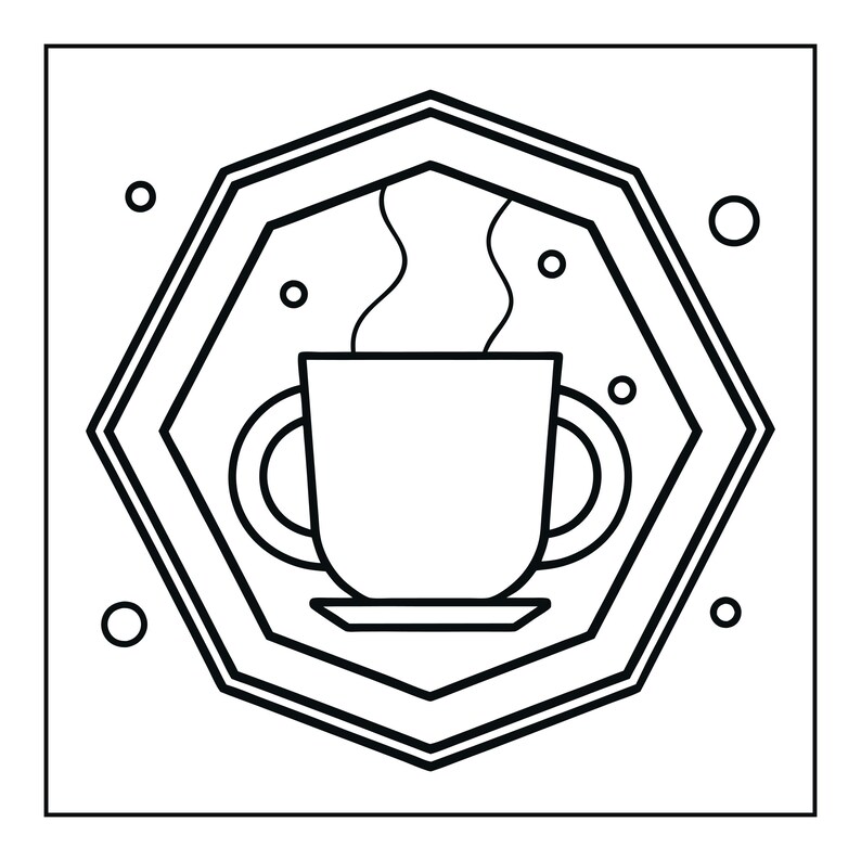Op de afbeelding: Een zwart-wit lijntekening met een centrale mok met twee oren en opstijgende stoom, omsloten door een achthoekig kader met dubbele lijnen. Kleine cirkels zijn verspreid rondom de mok binnen de geometrische rand.